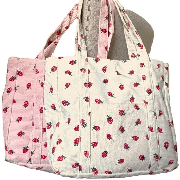 Spacious Pink Corduroy Zipper Tote Bag Strawberries Strawberry Pattern Handbag - Picture 6 of 6